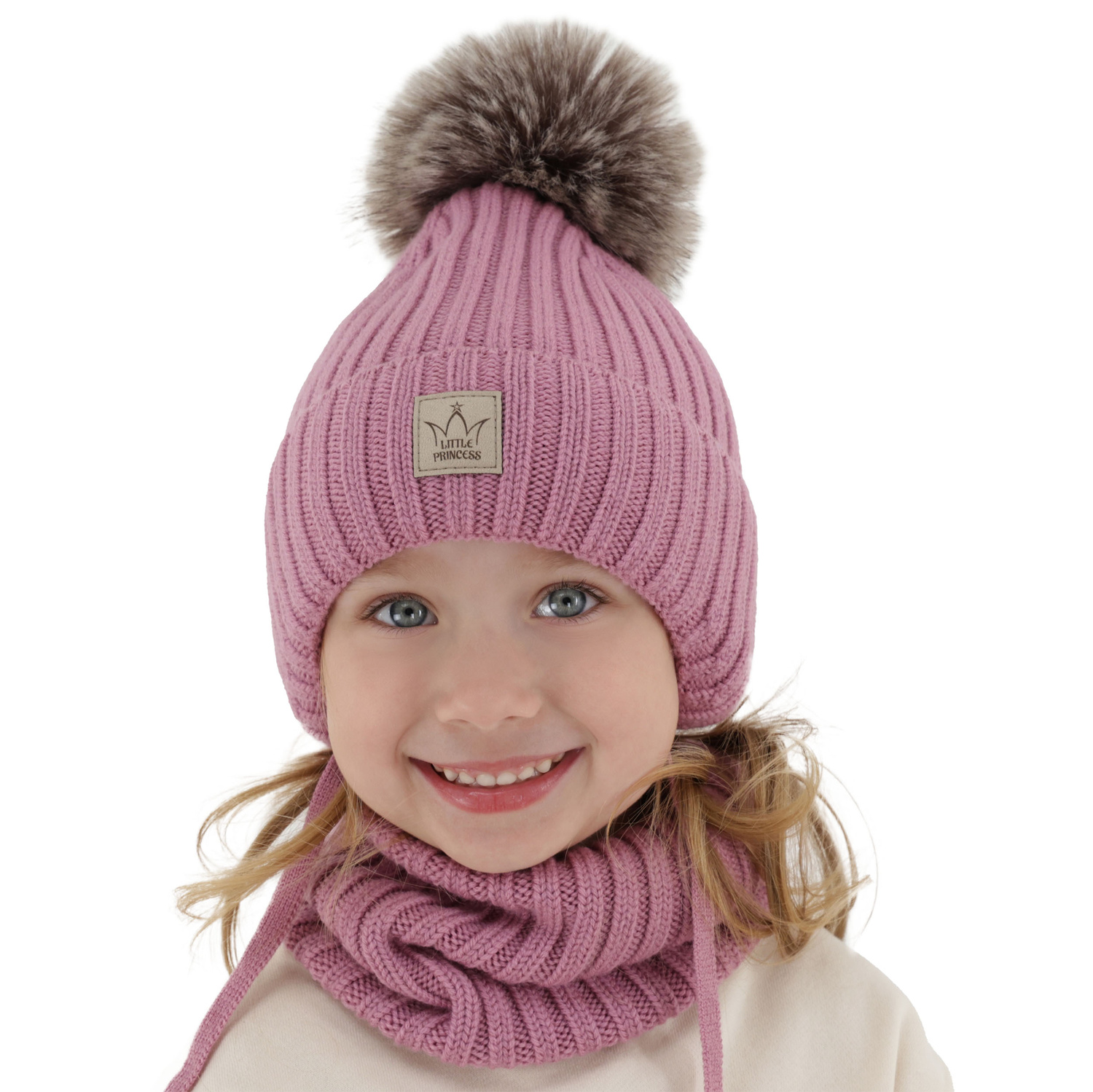 Set de iarnă pentru fete: căciulă și fular circular ecru, 100% lână merino extra fină, căptușită cu polar din lână Martina