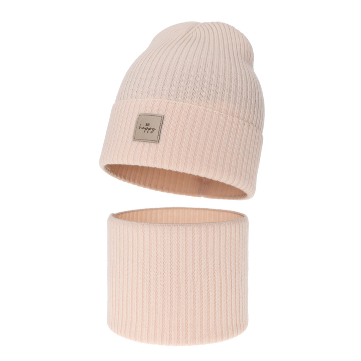 Set de primăvară-toamnă pentru fete: căciulă și fular circular, roz, 100%, lână merino, Vanita