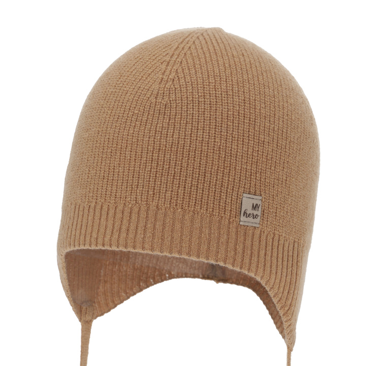 Căciulă de primăvară-toamnă pentru băieți, camel, lână merino cu cașmir, cu urechi, Tono