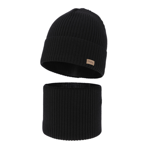 Set primăvară-toamnă pentru băieți: Căciulă și fular circular negru 100% lână merino extra fină Intro
