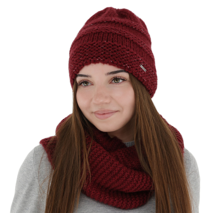Set de iarnă: căciulă și fular circular, bordowy, cu lână merino, Driva