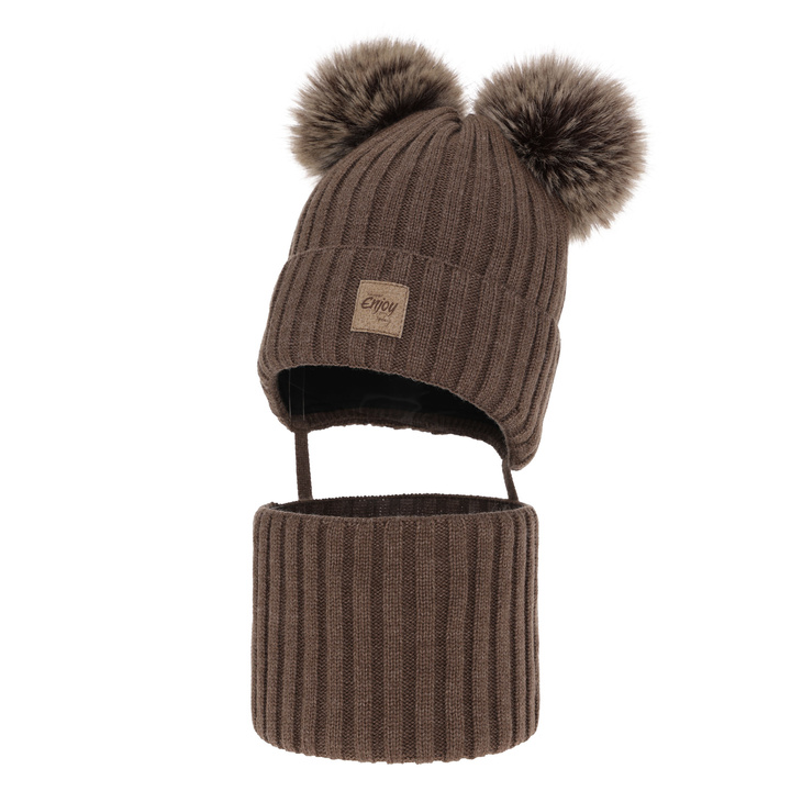 Set de iarnă pentru băieți: Căciulă și fular circular maro cu 2 pompoane Orange