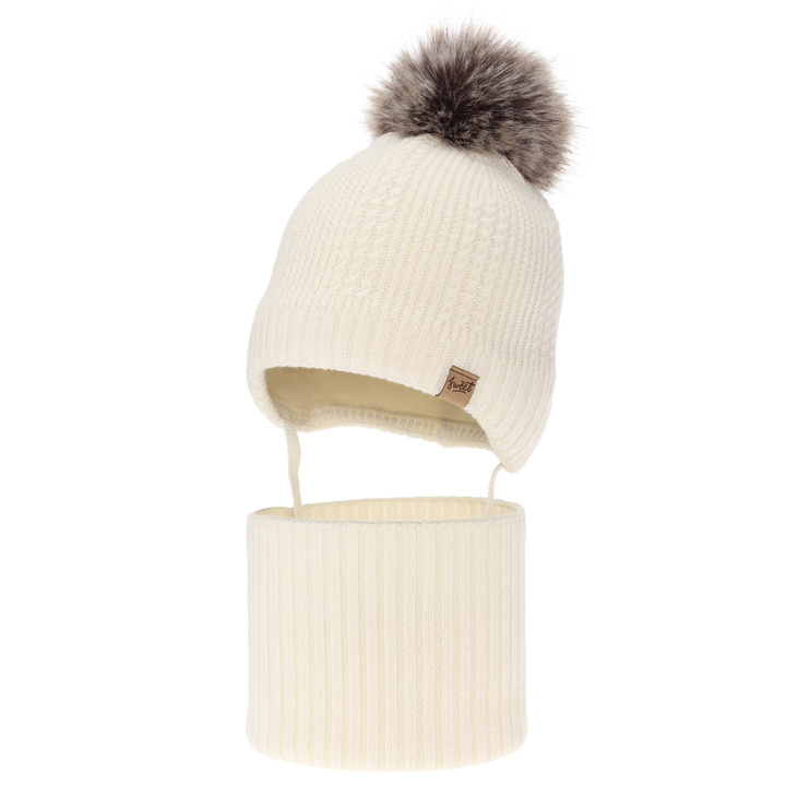 Set căciulă și fular pentru băieți, iarnă, crem, 100% lână merino, căptușit cu fleece de lână, cu șnururi Danny