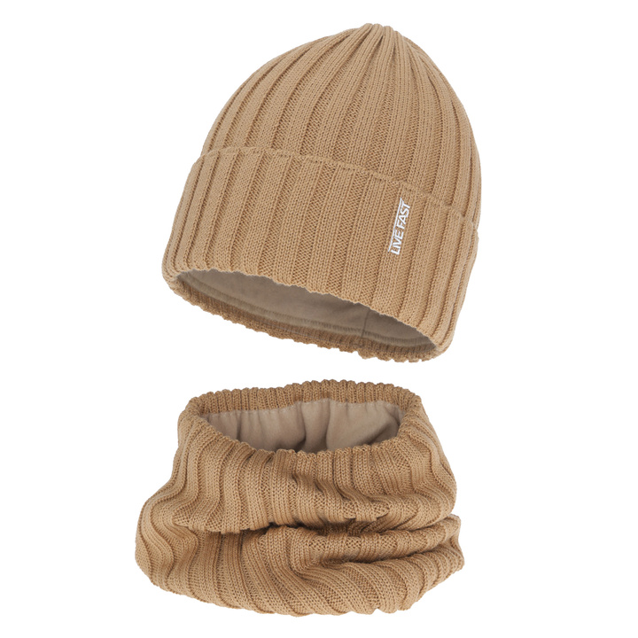 Set de iarnă pentru băieți: căciulă și fular circular, camel, cu lână merino, căptușit cu polar, Banasko