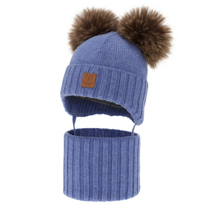 Set căciulă și fular pentru băieți, iarnă, albastru, 100% lână merino, căptușit cu fleece de lână, Ronik