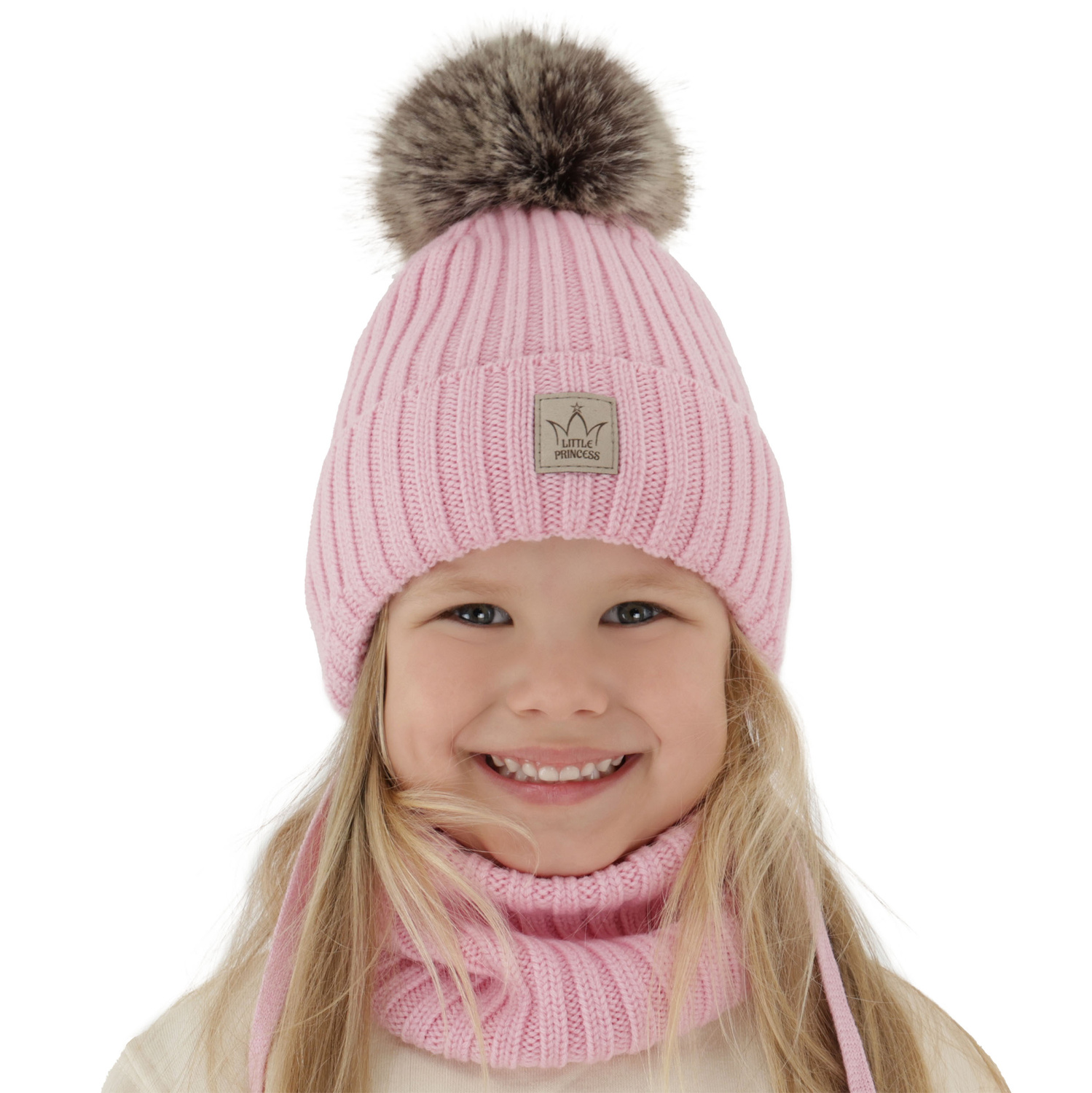 Set de iarnă pentru fete: căciulă și fular circular roz, 100% lână merino extra fină, căptușită cu polar din lână Martina
