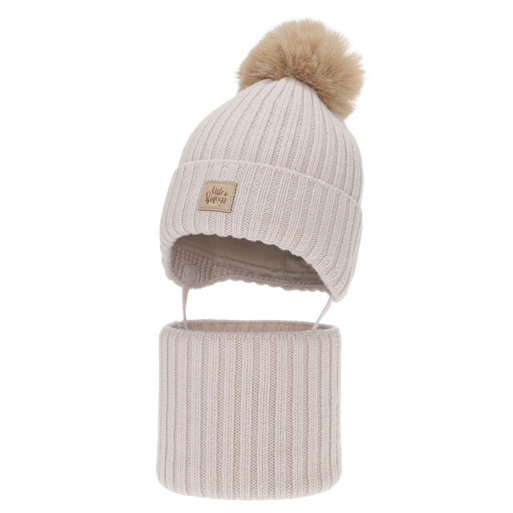 Set de iarnă pentru fete: căciulă și fular circular, bej, 100% lână merino, cu urechi, căptușit cu bumbac, Malesia