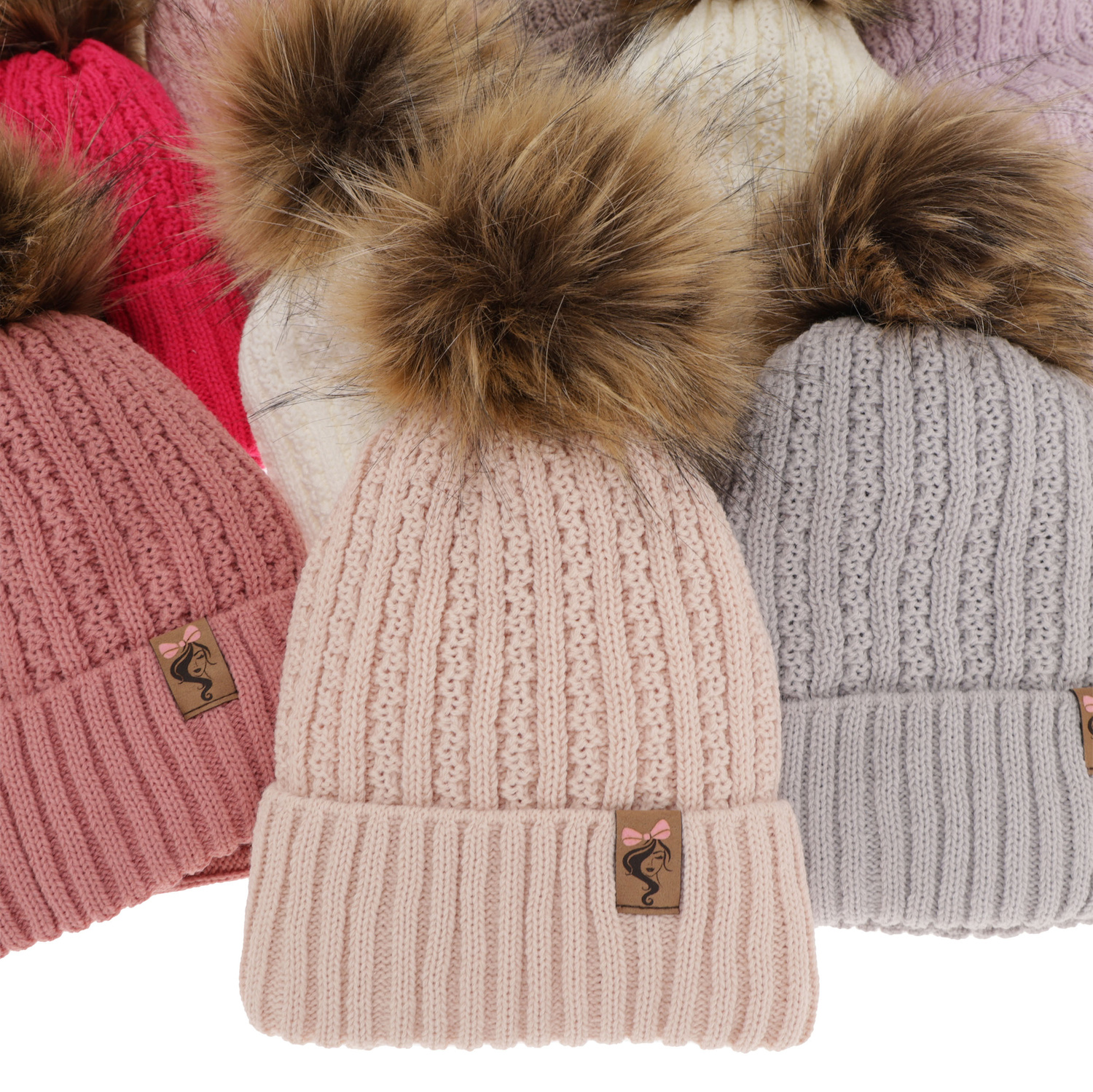 Set de iarnă pentru fete: căciulă și fular circular ecru cu pompon Larina