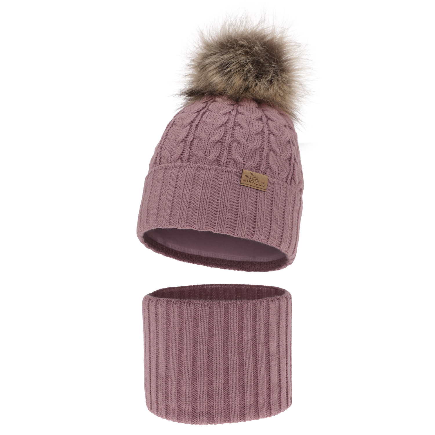 Set de iarnă pentru fete: căciulă și fular circular roz cu pompon Tanzania