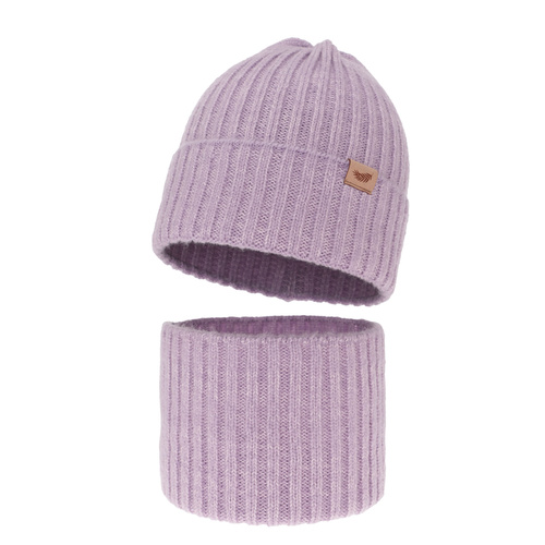 Set de iarnă pentru fete căciulă și fular circular violet din lână merino Karmina