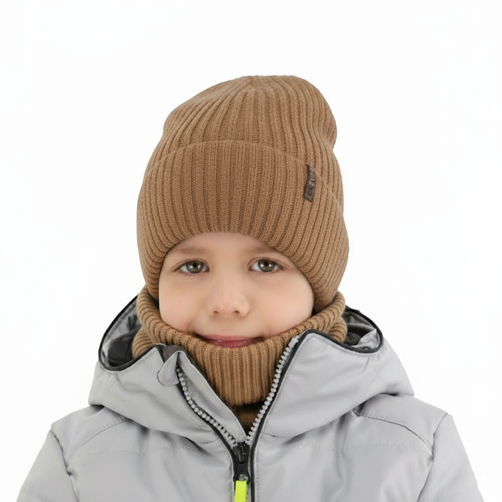 Set de iarnă pentru băieți: Căciulă și fular circular, camel, 100% lână merino, Gizmo