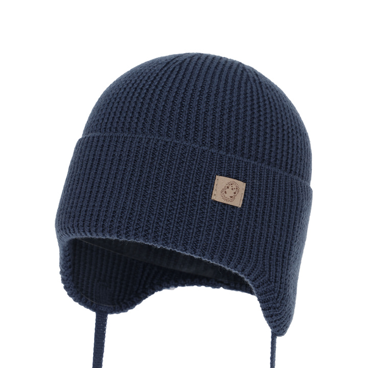 Căciulă de iarnă pentru băieți, toamnă, primăvară, bleumarin, 100% lână merino, cu urechi, Bakadi