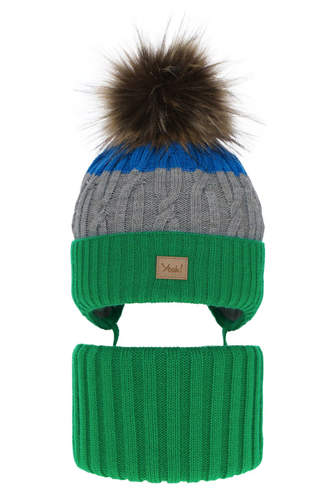 Set de iarnă pentru băieți: Căciulă și fular circular verde cu pompon Maxwell