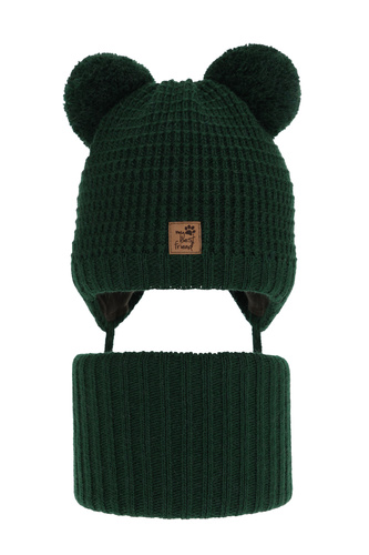 Set de iarnă pentru băieți: Căciulă și fular circular verde cu 2 pompoane Krispi