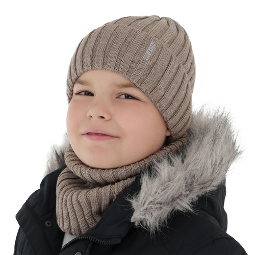 Set de iarnă pentru băieți: căciulă și fular circular, camel, cu lână merino, căptușit cu polar, Banasko