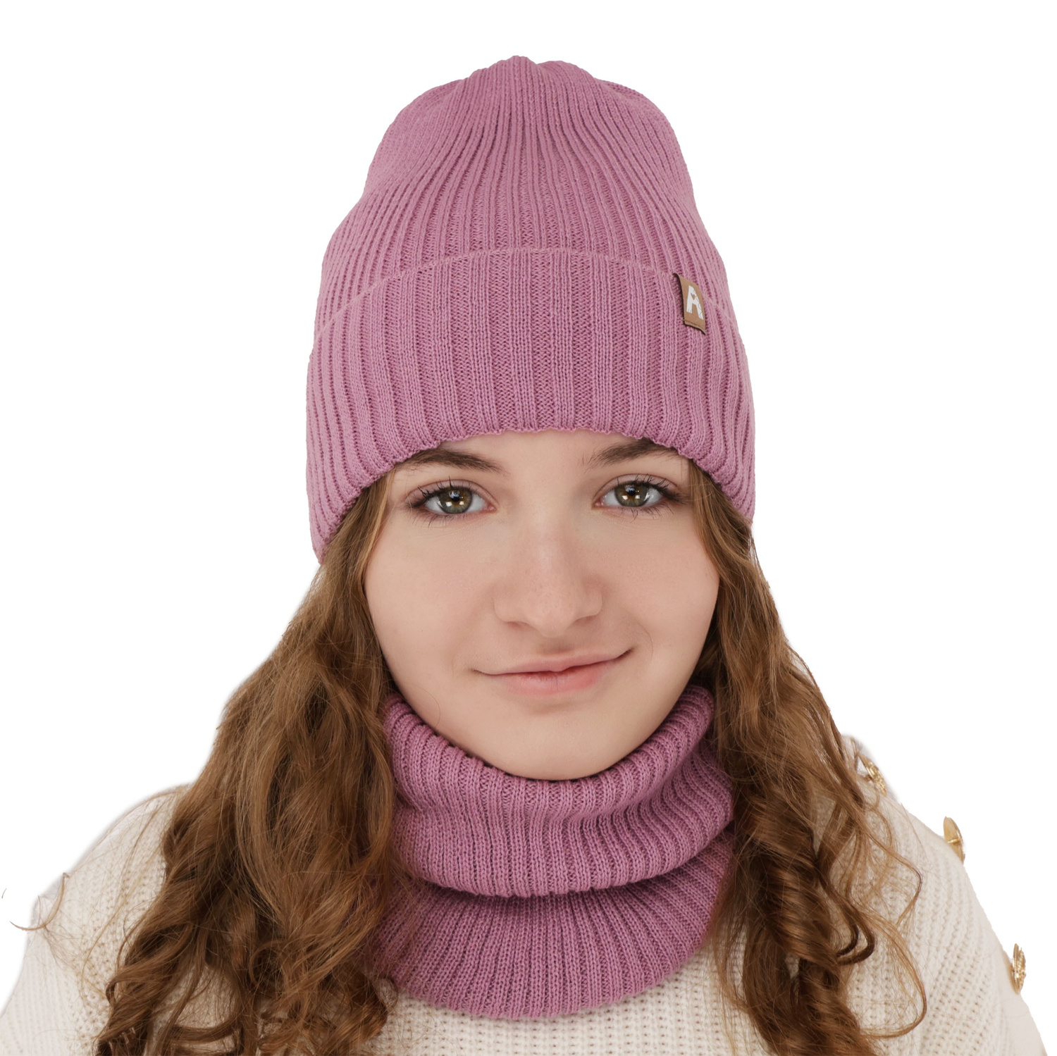 Set de iarnă pentru fete: căciulă și fular circular violet din lână merino Peggy