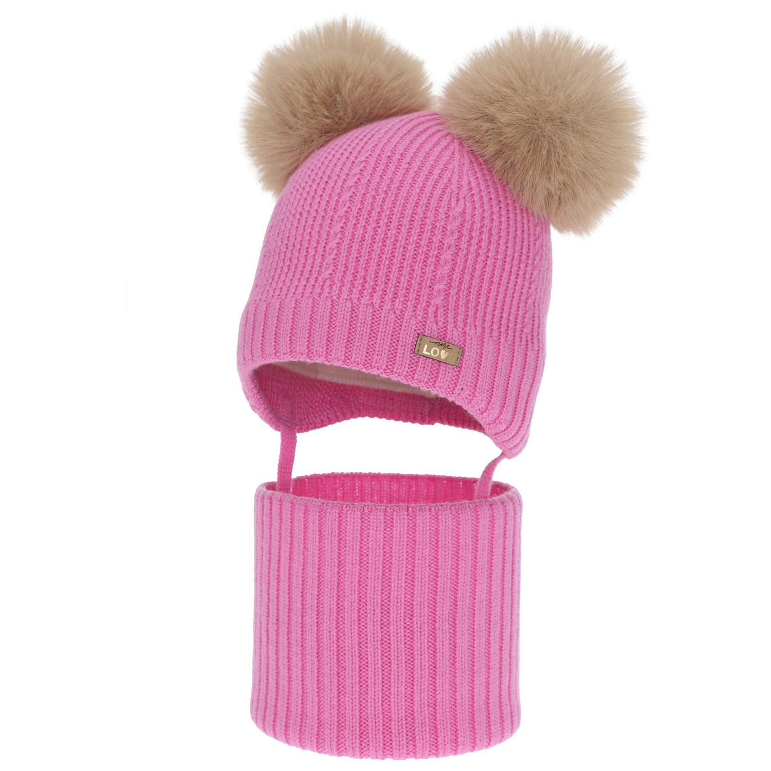 Set căciulă și fular pentru fete, iarnă, roz, 100% lână merino, căptușit cu fleece de lână, Lumia