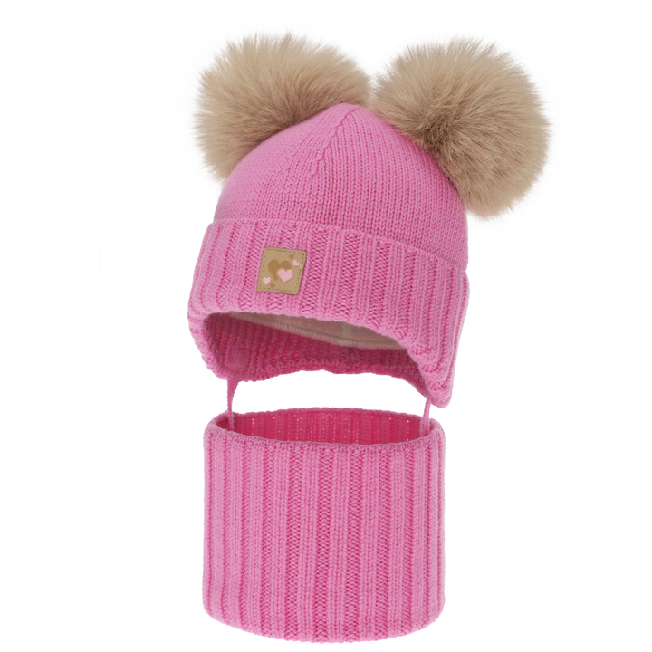 Set căciulă și fular pentru fete, iarnă, roz, 100% lână merino, căptușit cu fleece de lână, Ronia