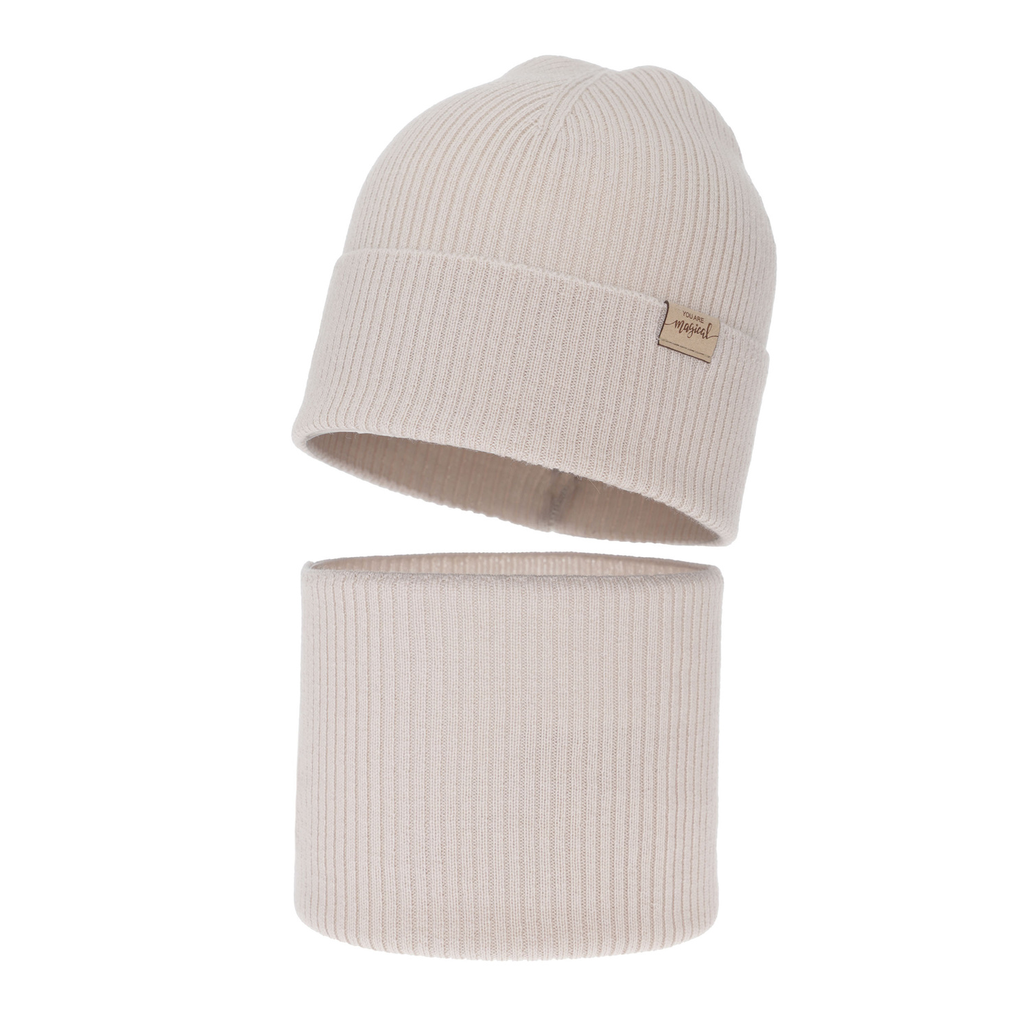 Set de primăvară-toamnă pentru fete: căciulă și fular circular, bej, 100% lână merino, Magenta