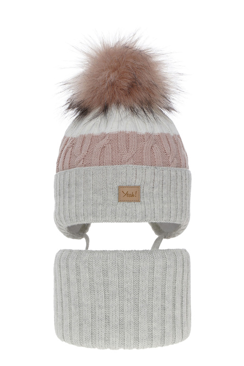 Set de iarnă pentru fete: căciulă și fular circular gri cu pompon Riviera