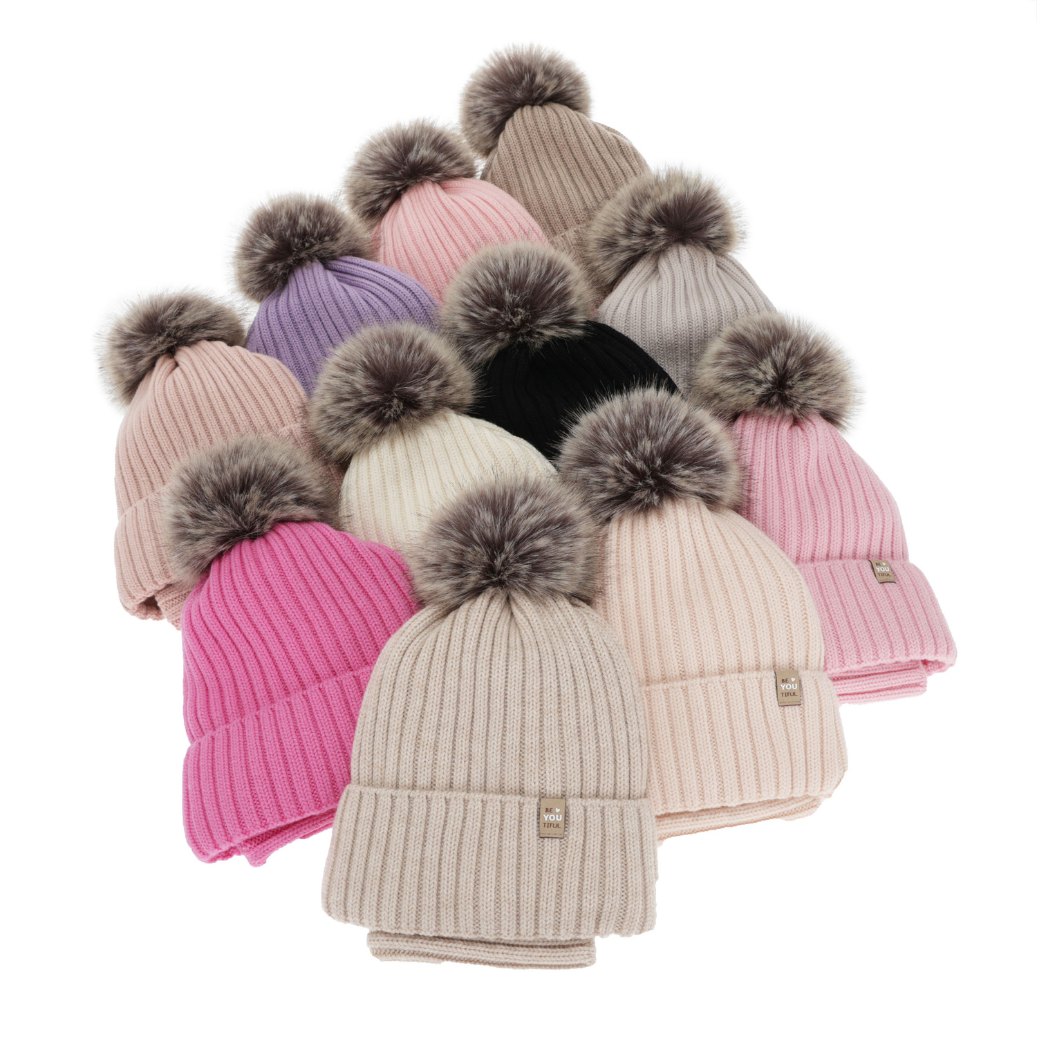 Set de iarnă pentru fete: căciulă și fular circular, 100% lână merino, căptușit cu bumbac, cu pompon, mov, Terida