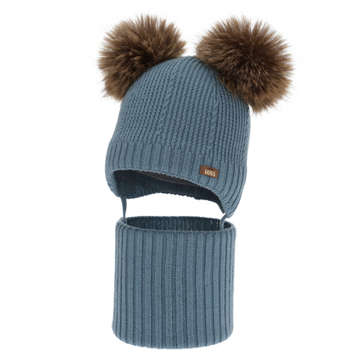 Set căciulă și fular pentru băieți, iarnă, albastru, 100% lână merino, căptușit cu fleece de lână, Lumio