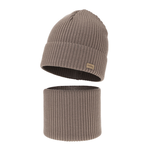 Set primăvară-toamnă pentru băieți: căciulă și fular circular, bej închis, 100% lână merino, Intro