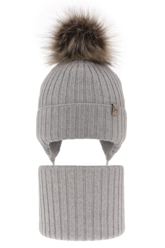 Set de iarnă pentru fete: căciulă și fular circular gri, 100% lână merino extra fină Junika