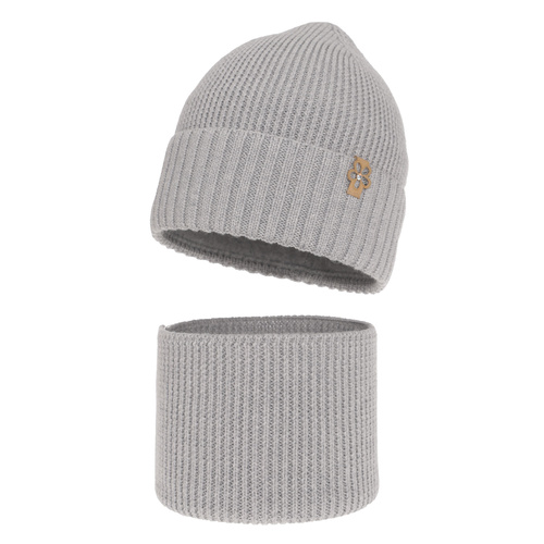 Set de iarnă pentru fete: căciulă și fular circular gri 100% lână merino extra fină Nelita