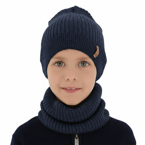 Set primăvară-toamnă pentru băieți: Căciulă și fular circular albastru marin 100% lână merino extra fină Chester