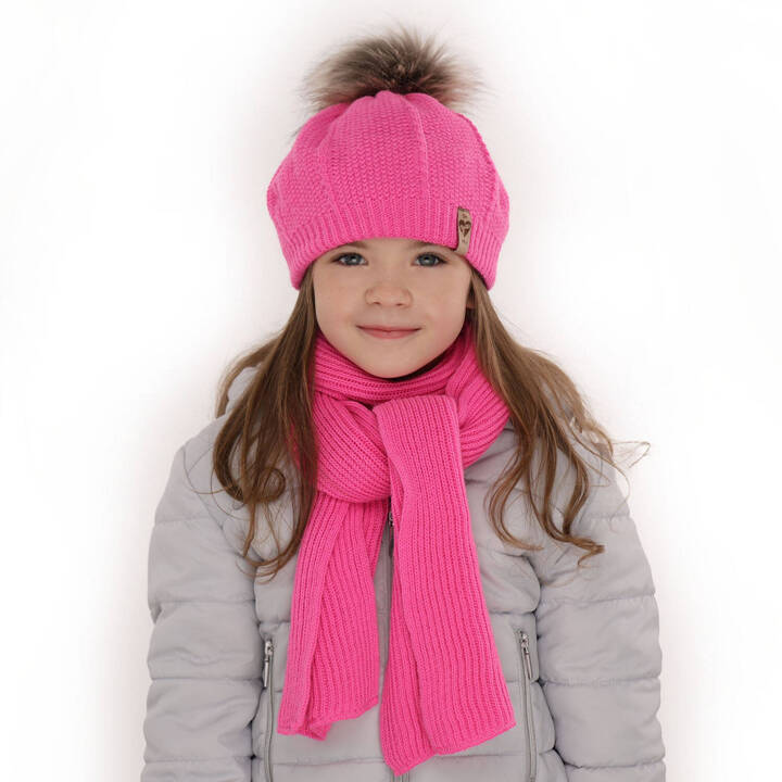 Set de iarnă pentru fete: căciulă și fular roz cu pompon Elif